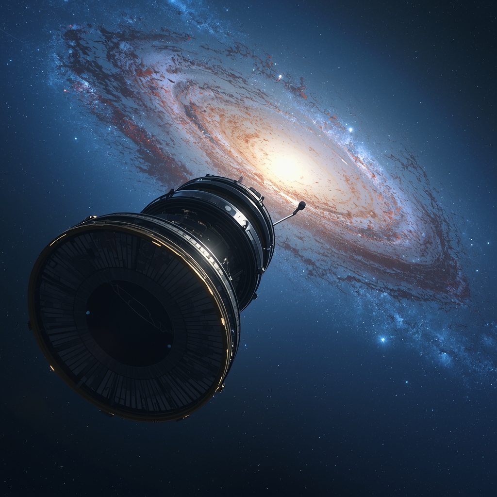 A massive orbital telescope floating in space pointing towards a distant blue galaxy cluster, cinematic, photorealistic, no people